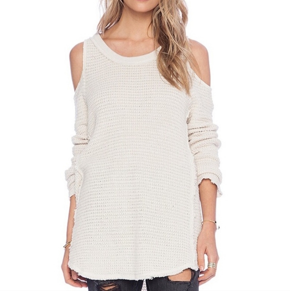 Free People Open Shoulder Waffle Knit Cream Sweater Size Large - Picture 3 of 13